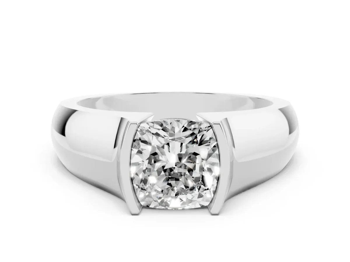 Cushion Cut Solitaire Bezel Set Diamond Ring with Wide Band Platinum