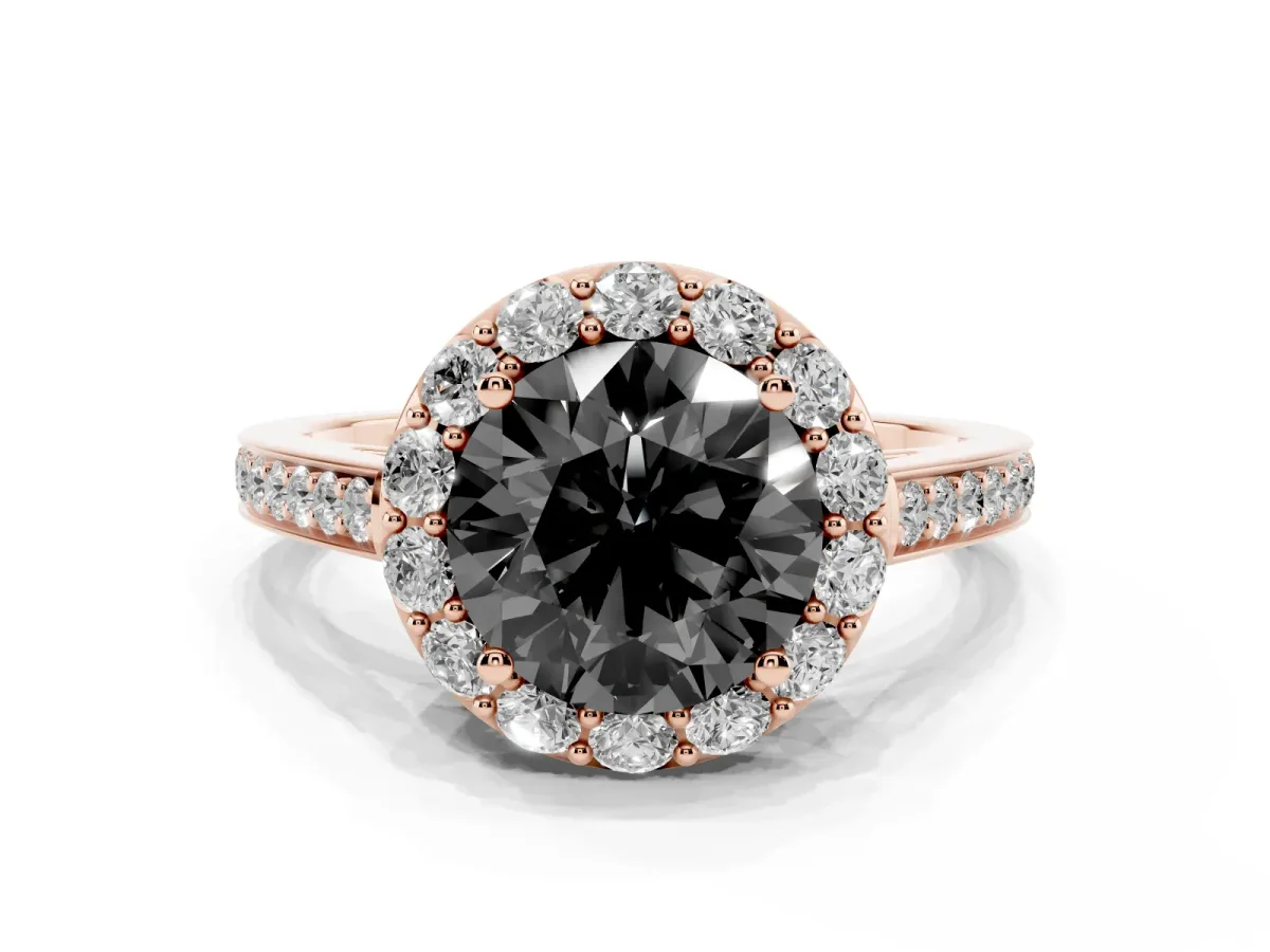 Fancy Black Round Cut Diamond Floral Halo Ring with Pavé Band and Prong Setting Rose gold
