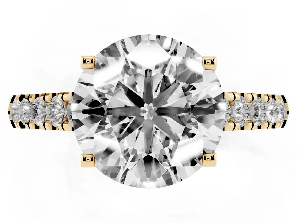 Round Cut Diamond Pavé Band Solitaire Ring with Prong Setting Yellow gold