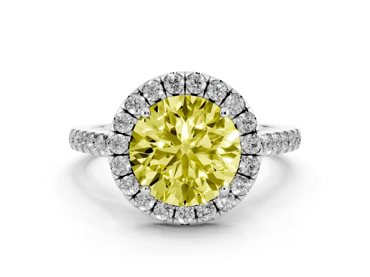 Fancy Yellow Round Cut Halo Pave Diamond Engagement Ring with Four-Prong Setting White gold