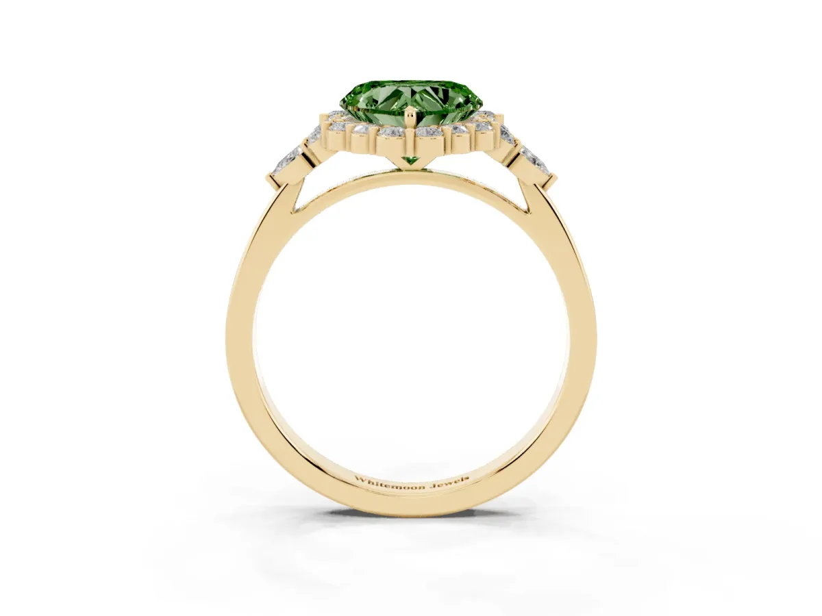 Fancy Green Heart Cut Diamond Halo Ring with Pear Side Stones and Prong Setting Yellow gold