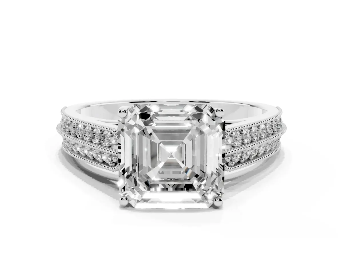 Asscher Cut Cut Pave Split Shank Engagement Ring with Four-Prong Setting Platinum