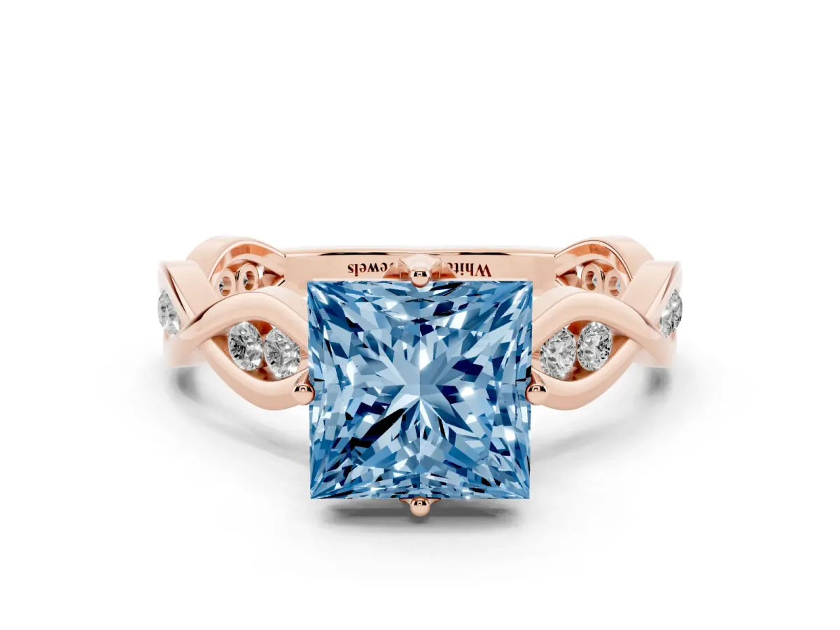 Fancy Blue Princess Cut Solitaire Twist Band with Leaf Prong Setting Rose gold