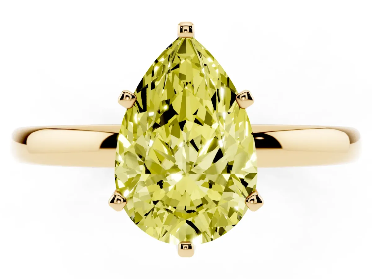 Fancy Yellow Pear Cut Solitaire Diamond Ring with Six-Prong Setting on a Classic Band Yellow gold