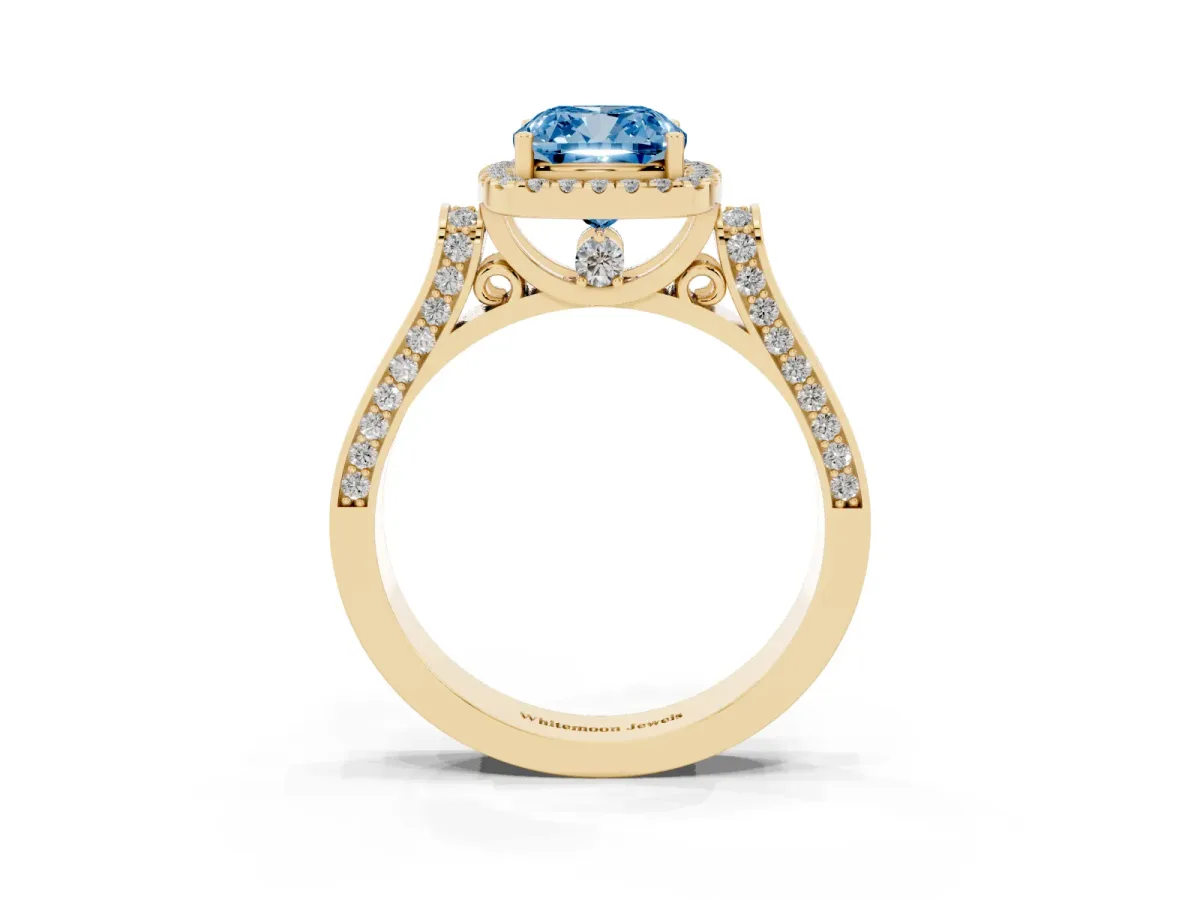 Fancy Blue Cushion Cut Halo Pave Split Shank Prong Setting Ring Yellow gold