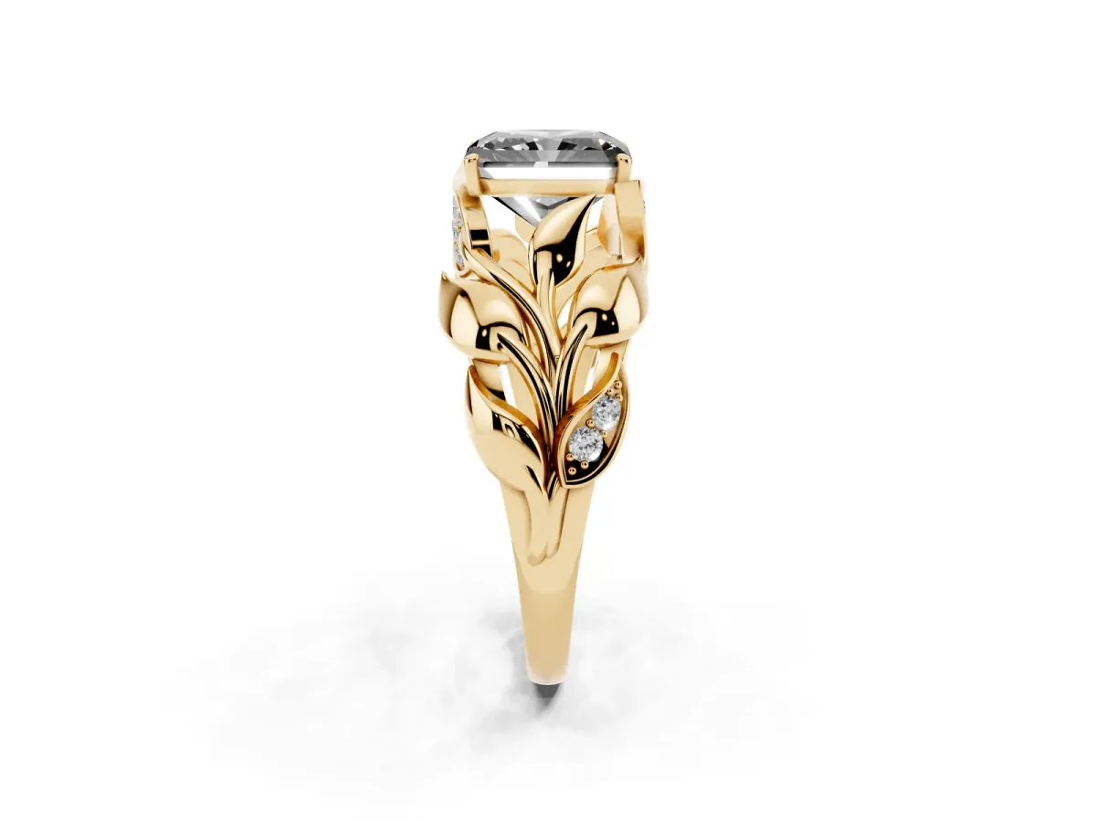Fancy Black Radiant Cut Diamond Leaf-Inspired Engagement Ring with Round Accents and Prong Setting Yellow gold