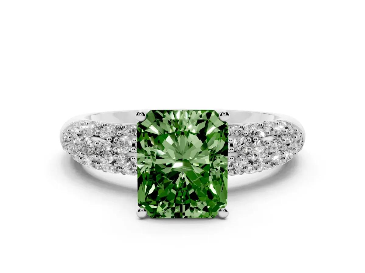 Fancy Green Radiant Cut Diamond Pavé Band Solitaire Ring with Four-Prong Setting Silver