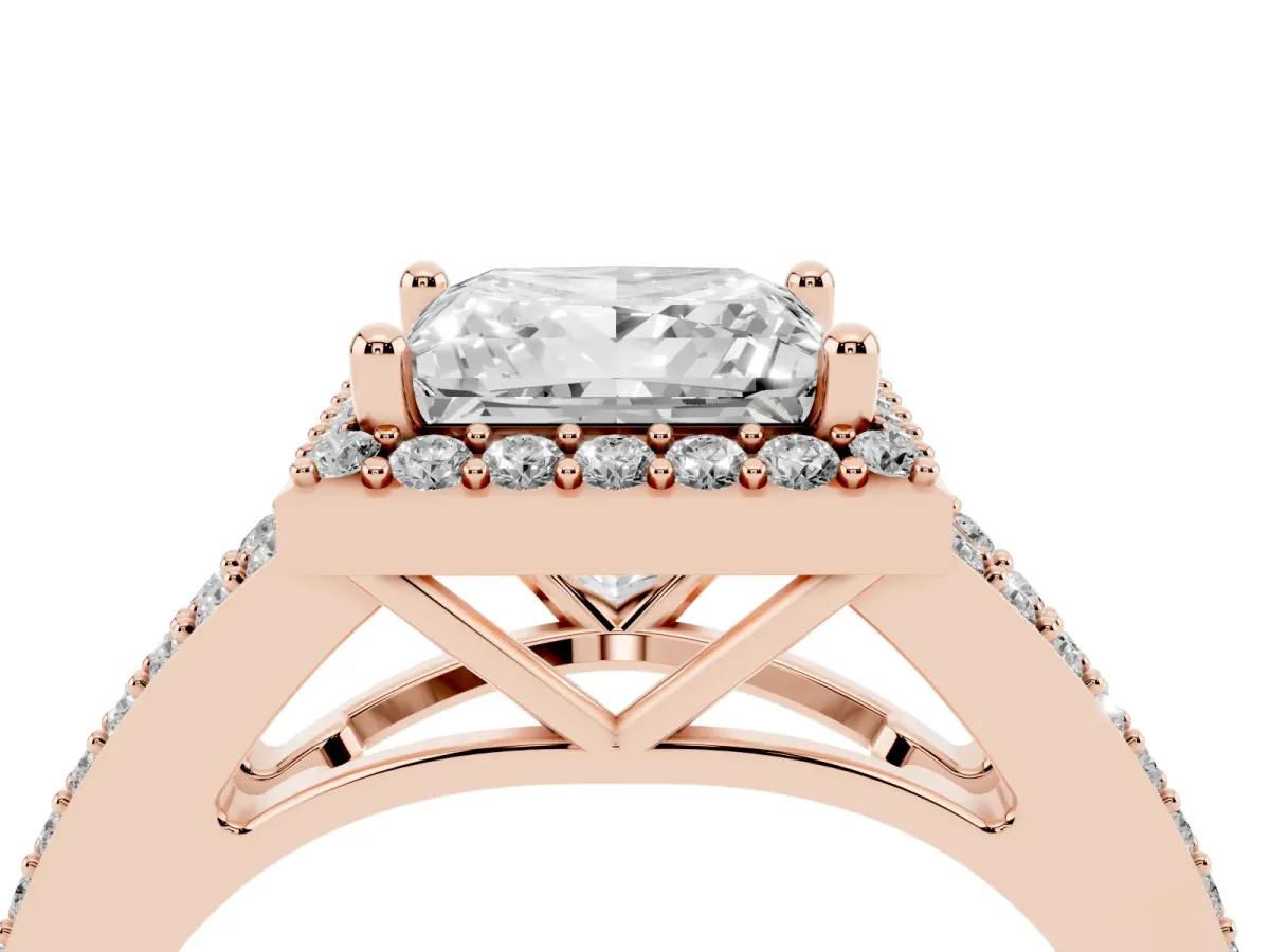 Princess Cut Halo Split Shank Diamond Ring with Prong Setting Rose gold