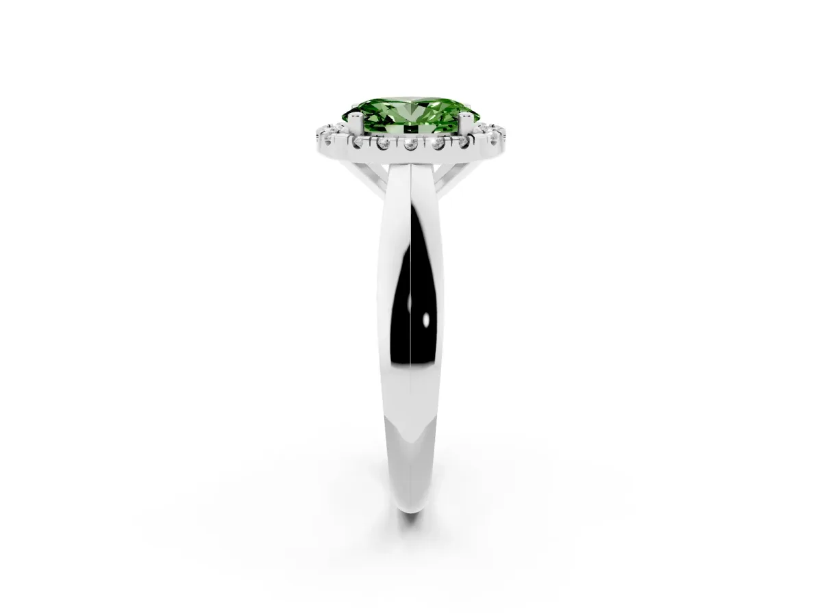 Fancy Green Oval Cut Cut Halo Solitaire Engagement Ring with Square Band and Four-Prong Setting Platinum