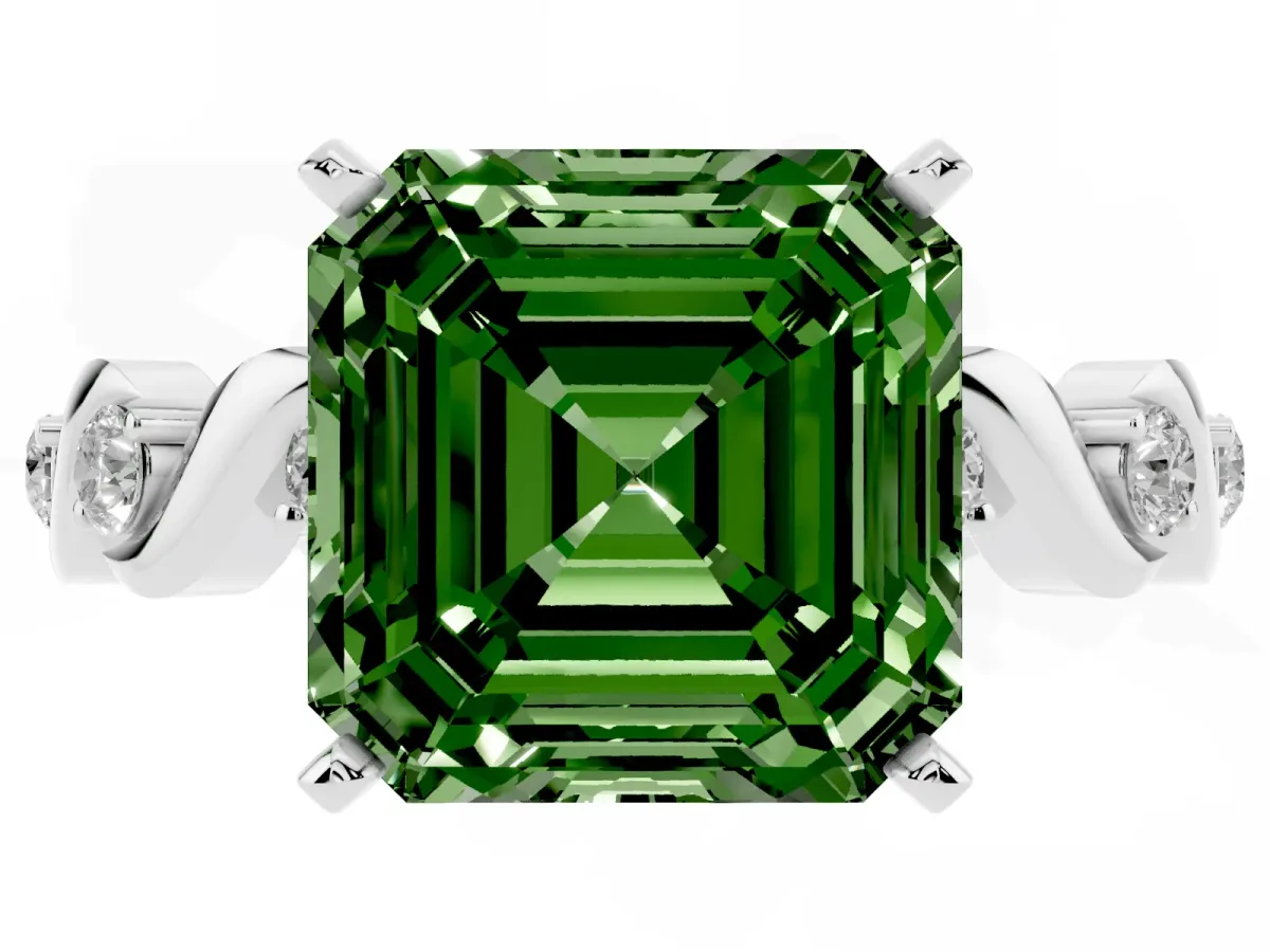 Fancy Green Asscher Cut Diamond Solitaire Twisted Band with Round Accents and Prong Setting Platinum