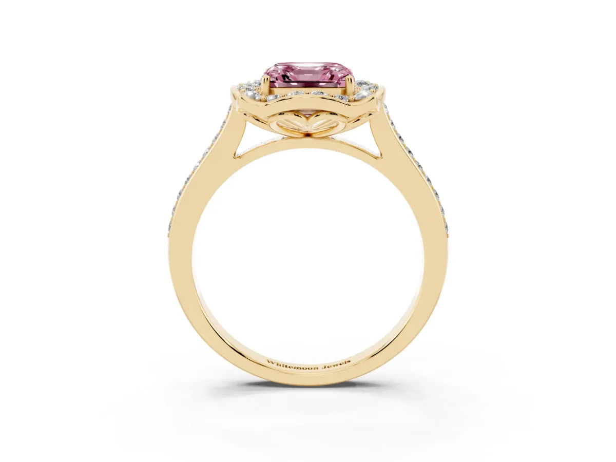 Fancy Pink Asscher Cut Halo Round Diamond Pave Band with Four-Prong Setting Yellow gold