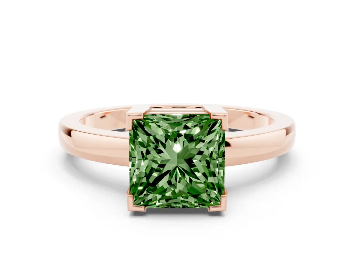 Fancy Green Princess Cut Cut Solitaire Ring with Four-Prong Setting and Classic Band Rose gold