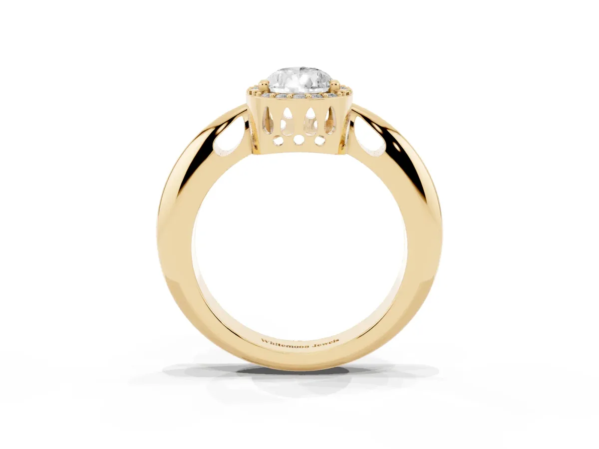 Pear Cut Cut Diamond Halo Engagement Ring with Split Shank and Four-Prong Setting Yellow gold