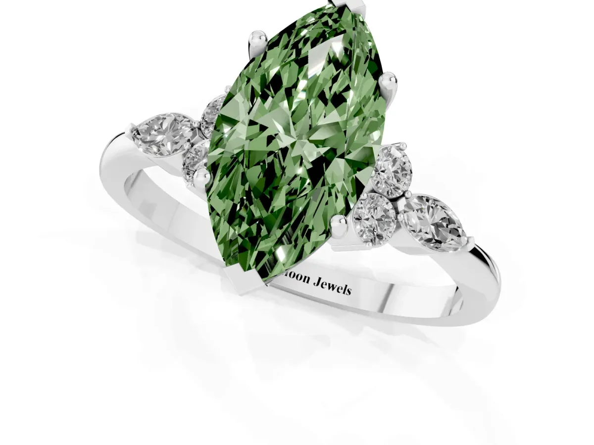 Fancy Green Marquise Cut Brilliant Diamond Solitaire Ring with Pear Side Stones and Four-Prong Setting Platinum