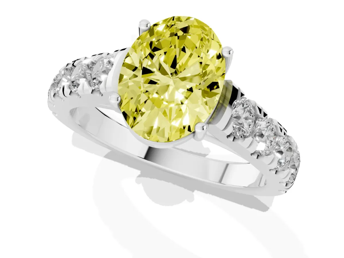 Fancy Yellow Oval Cut Cut Diamond Solitaire Ring with Micro Pave Band and Prong Setting Platinum