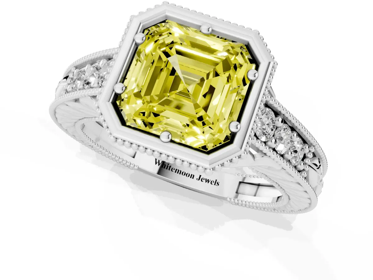 Fancy Yellow Bezel Set Asscher Cut Diamond Milgrain Pave Engagement Ring Platinum