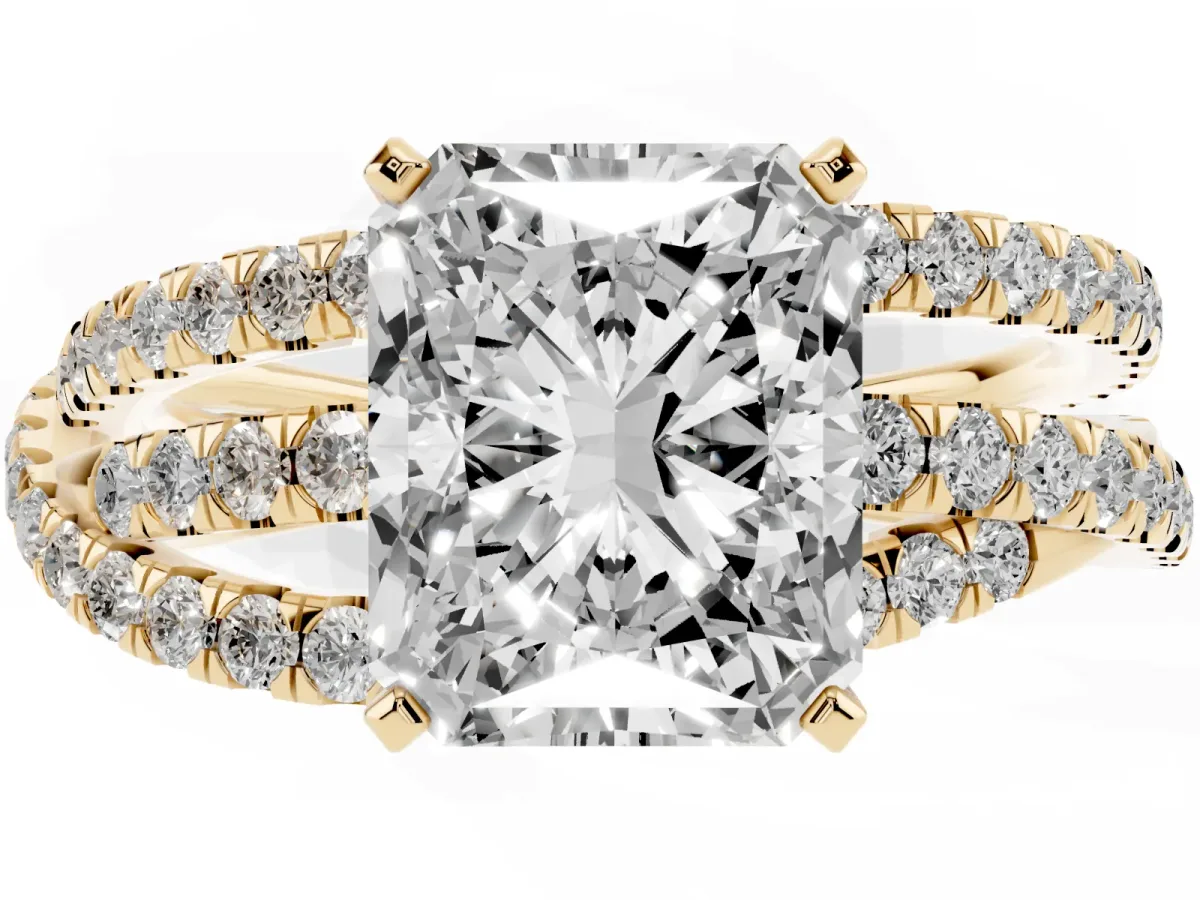 Radiant Cut Solitaire Twist Band with Pavé Setting and Four-Prong Setting Yellow gold