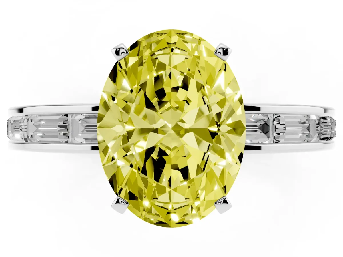Fancy Yellow Oval Cut Solitaire Diamond Ring with Channel-Set Baguette Band and Four-Prong Setting Silver
