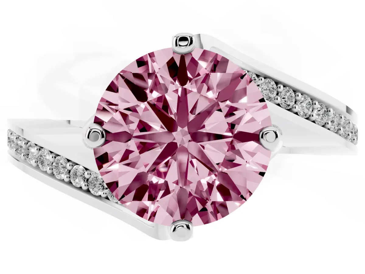Fancy Pink Round Cut Solitaire Diamond Twist Band with Pavé Setting and Four-Prong Setting Silver