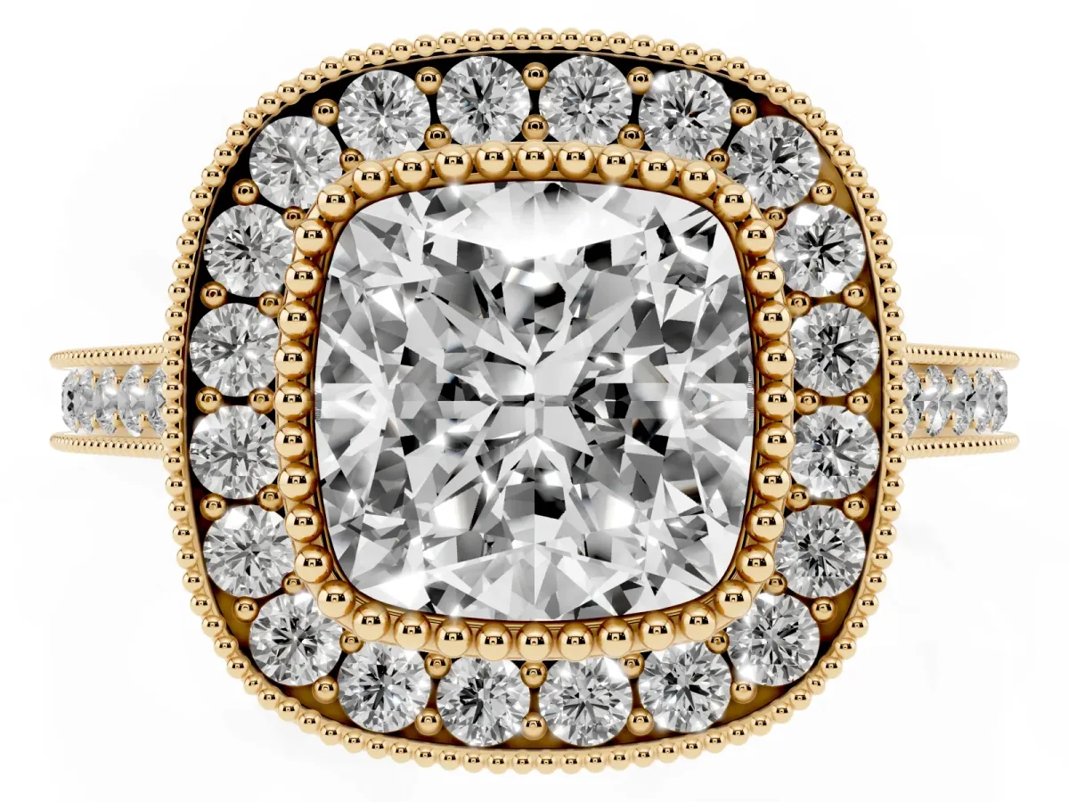 Cushion Cut Diamond Halo Ring with Milgrain Frame and Pavé Band Yellow gold