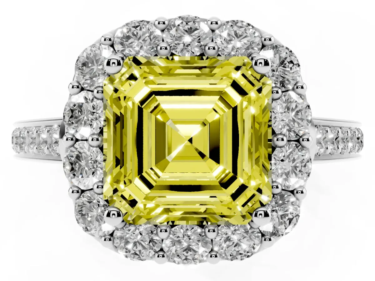 Fancy Yellow Asscher Cut Diamond Floral Halo Ring with Pavé Band and Prong Setting White gold