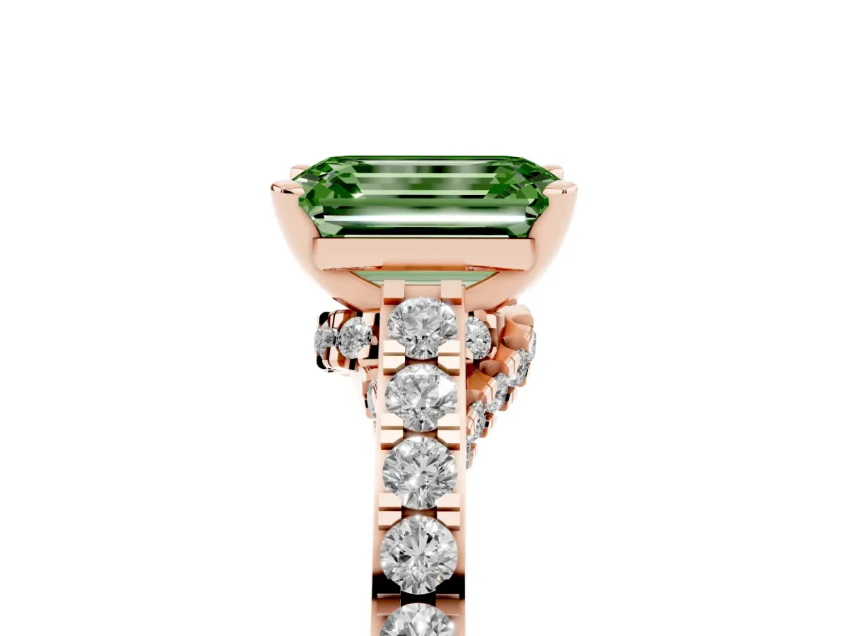 Fancy Green Emerald Cut Diamond Solitaire Ring with Crossover Gallery and Round Pavé Band Rose gold