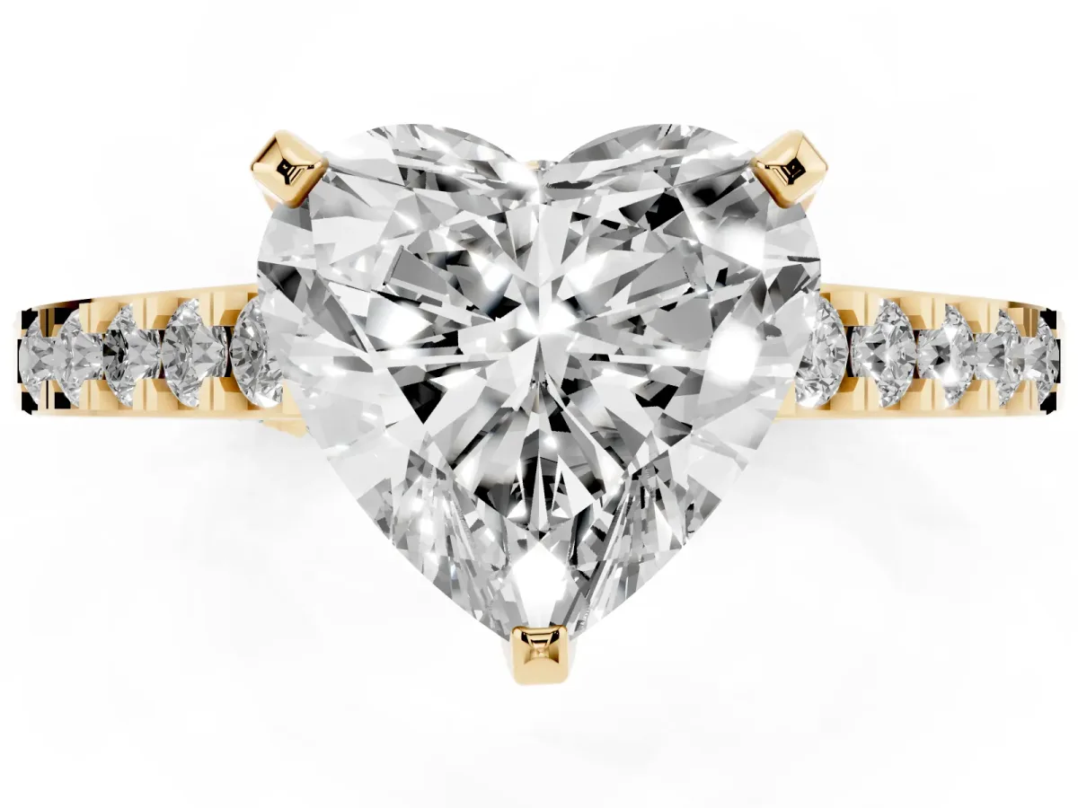Heart Cut Diamond Solitaire Ring with Crossover Gallery and Round Pavé Band Yellow gold
