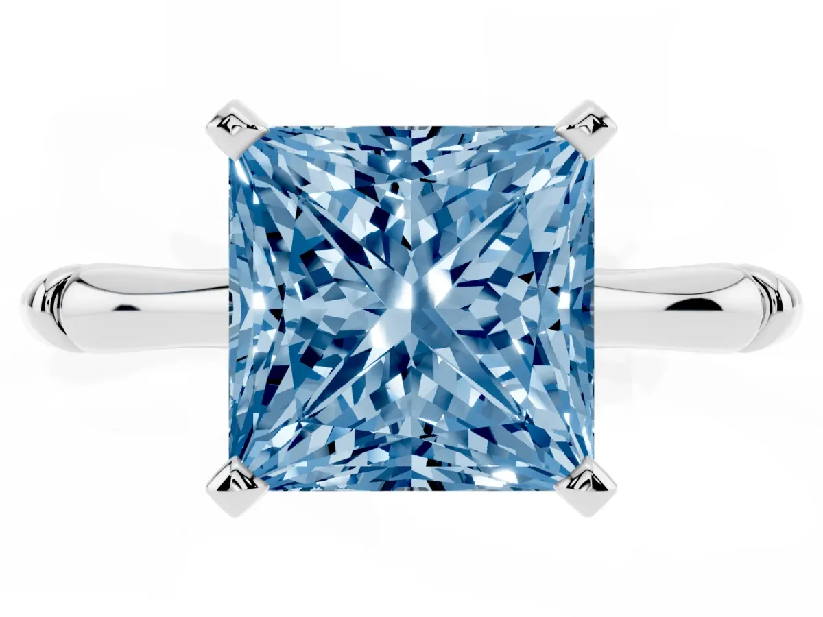 Fancy Blue Princess Cut Solitaire Diamond Ring with Bamboo Band and Four-Prong Setting Silver