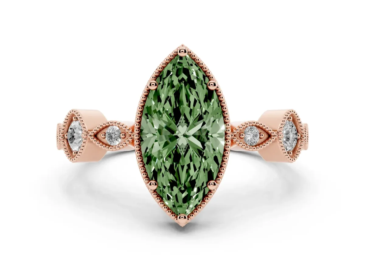 Fancy Green Marquise Cut Diamond Vintage Milgrain Ring with Round Stations Rose gold