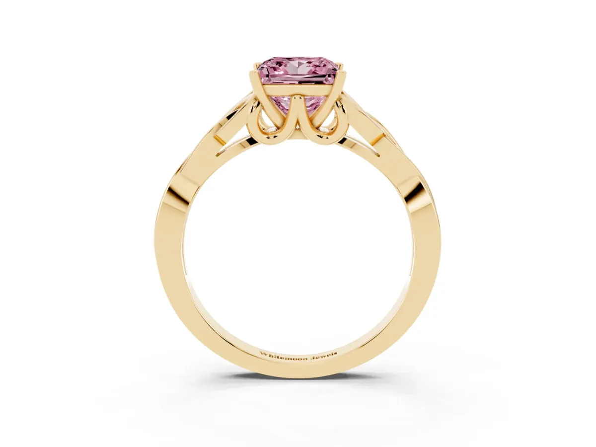Fancy Pink Princess Cut Diamond Solitaire Engagement Ring with Celtic Knot Band and Four-Prong Setting Yellow gold