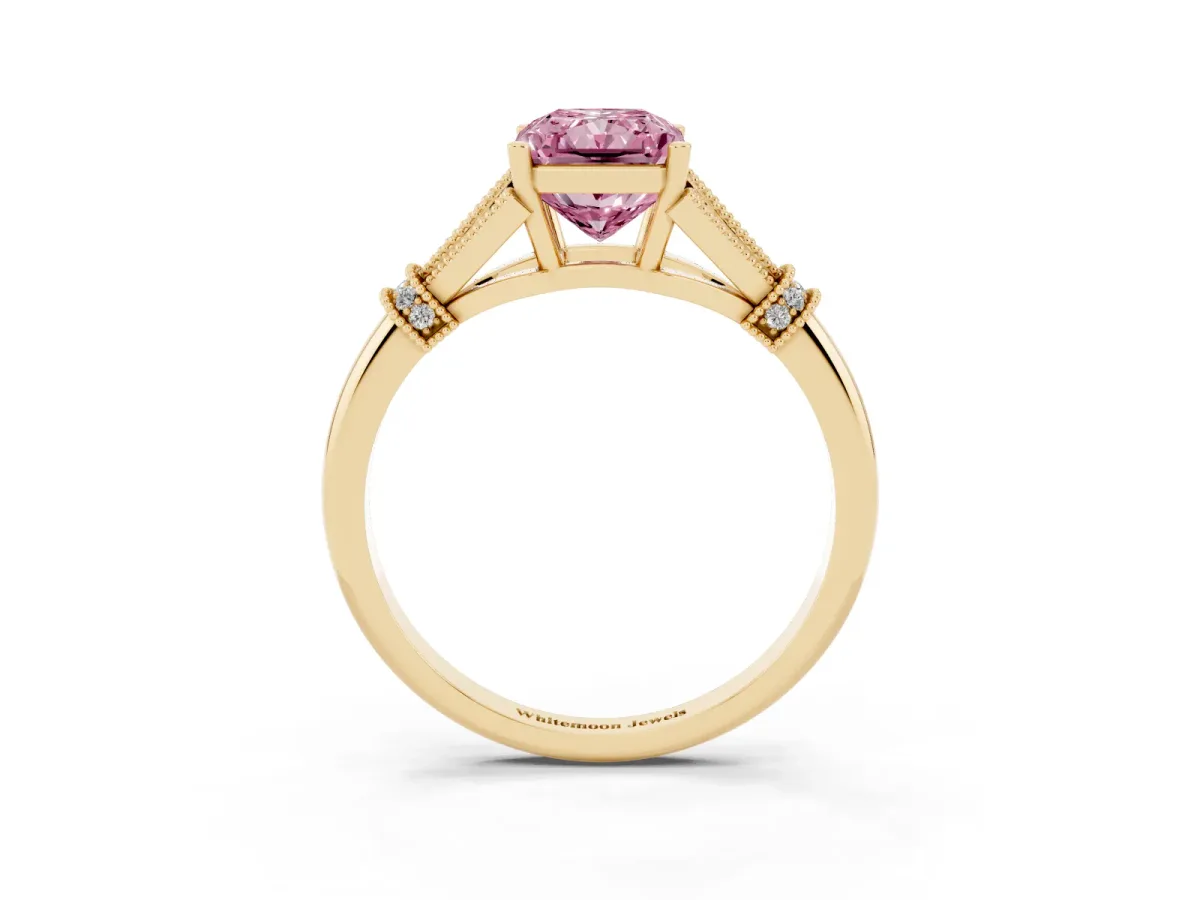 Fancy Pink Radiant Cut Diamond Solitaire Ring with Floral Filigree and Pave Accents Yellow gold
