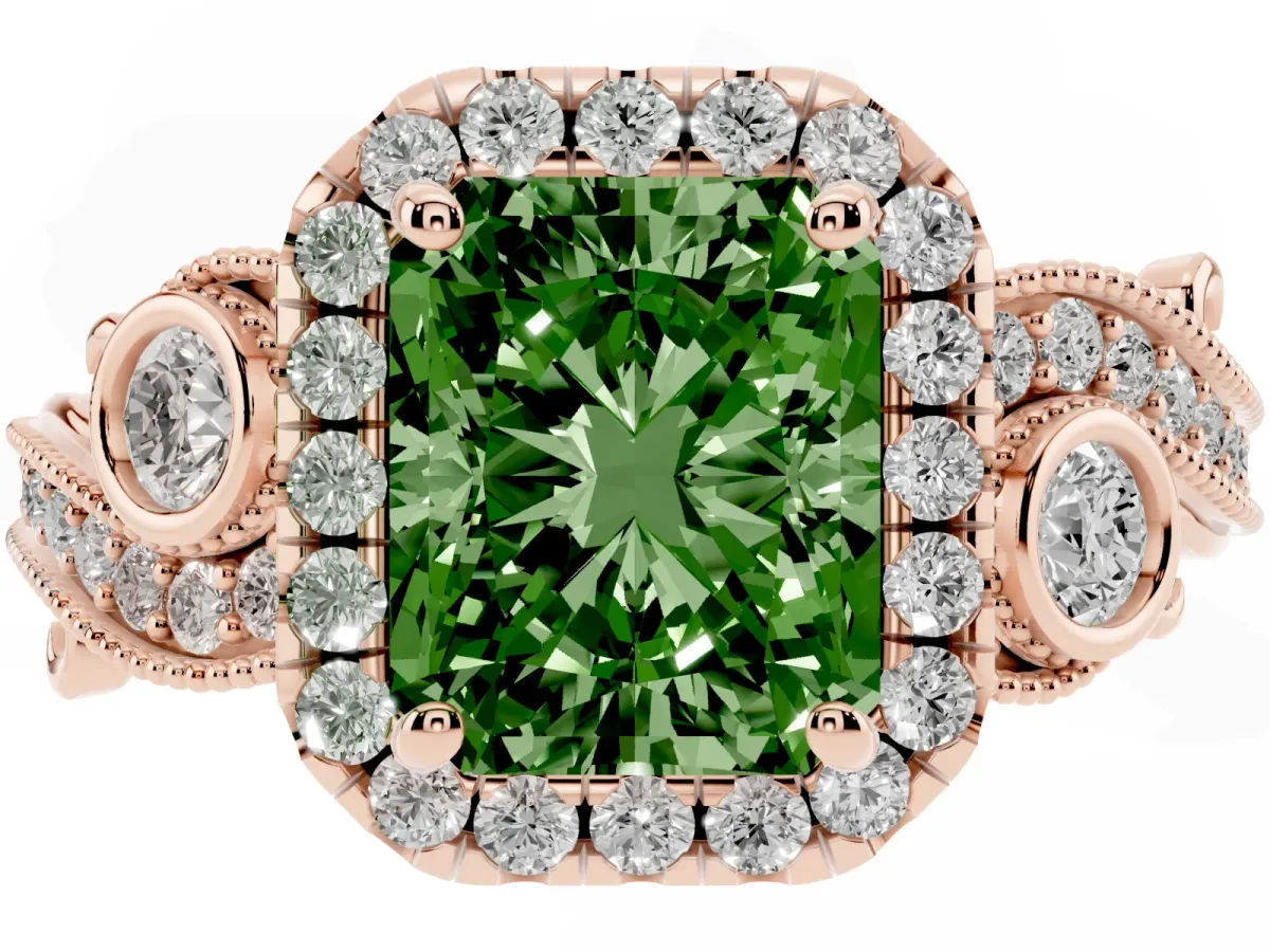 Fancy Green Radiant Cut Halo Diamond Ring with Milgrain and Bezel Accents on a Split Shank Band Rose gold