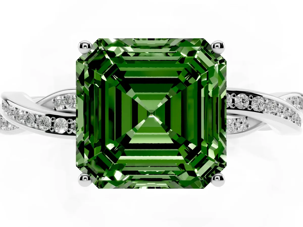 Fancy Green Asscher Cut Solitaire Twisted Pave Diamond Ring with Four-Prong Setting Silver