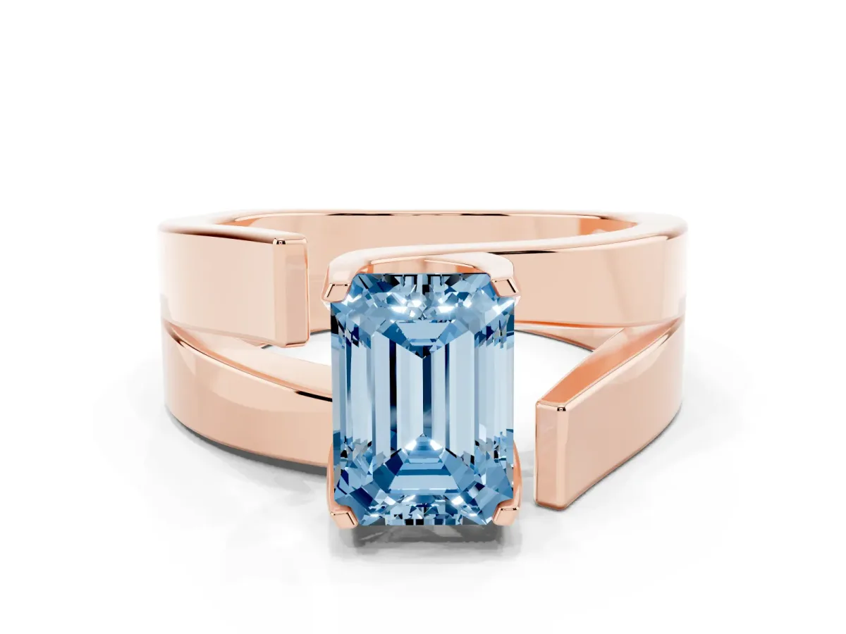 Fancy Blue Modern Tension Set Emerald Cut Diamond Solitaire Wide Band Ring Rose gold