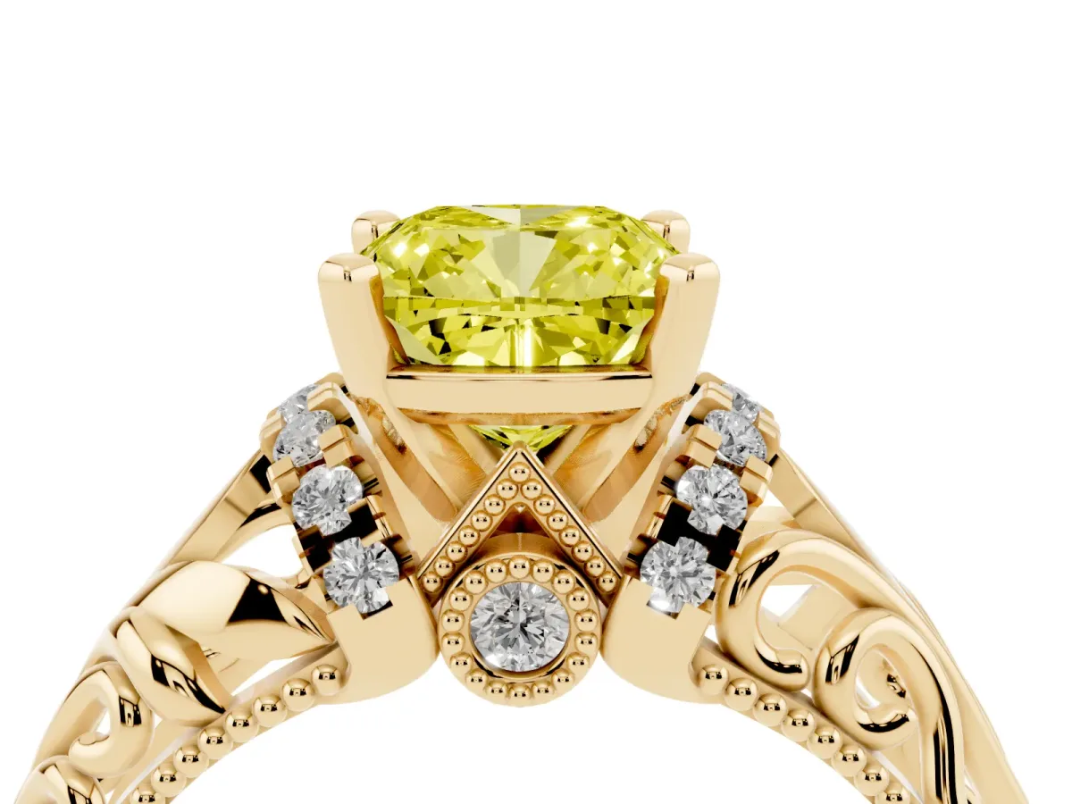 Fancy Yellow Cushion Cut Solitaire Filigree Engagement Ring with Halo and Prong Setting Yellow gold