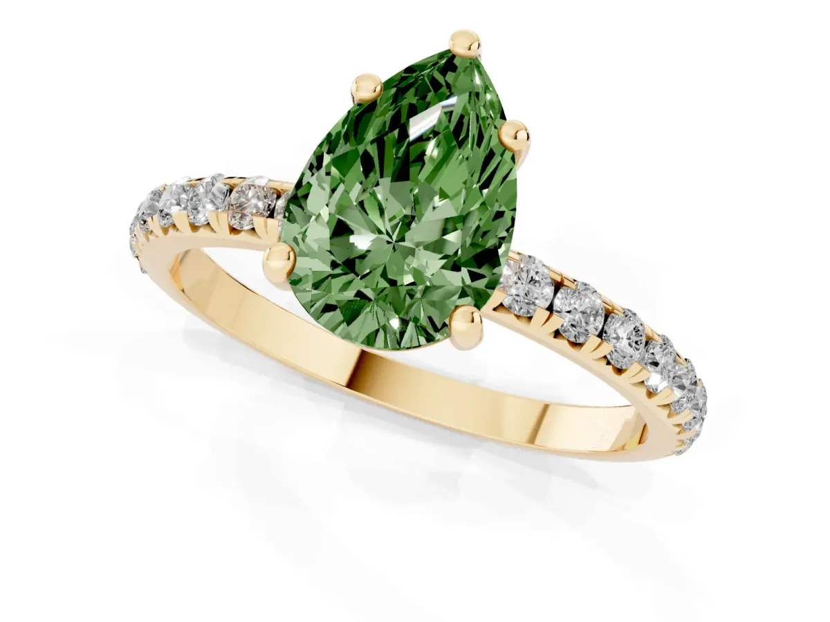 Fancy Green Pear Cut Cut Diamond Solitaire Ring with Micro Pave Band and Four Prong Setting Yellow gold
