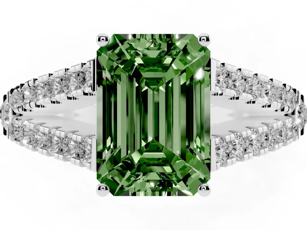 Fancy Green Emerald Cut Diamond Split Shank Pavé Engagement Ring with Four-Prong Setting White gold