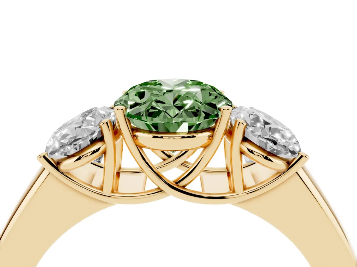 Fancy Green Three-Stone Oval Cut Cut Diamond Ring with Prong Setting and Classic Band Yellow gold
