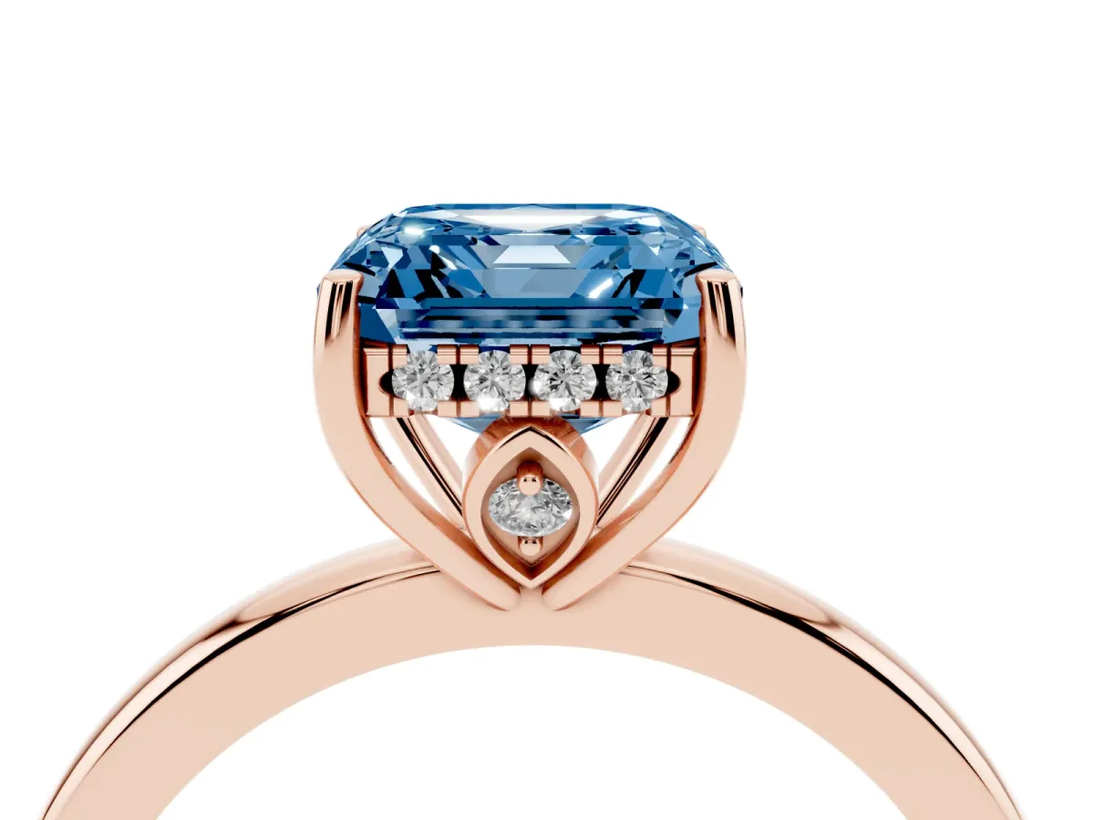 Fancy Blue Asscher Cut Solitaire Diamond Ring with Prong Setting and Plain Band Rose gold
