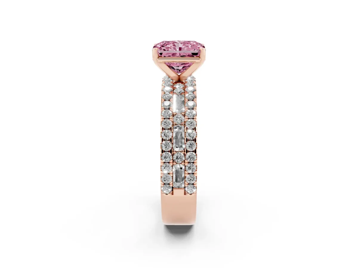 Fancy Pink Radiant Cut Diamond Solitaire Ring with Pavé and Channel Set Band Rose gold