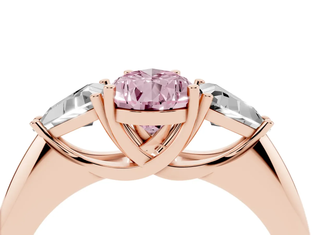 Fancy Pink Three-Stone Pear Cut Diamond Engagement Ring with Trillion Side Stones and Prong Setting Rose gold