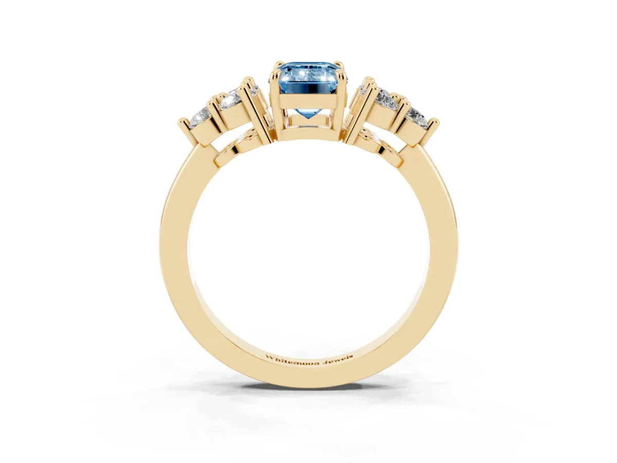 Fancy Blue Emerald Cut Brilliant Diamond Cluster Accent Solitaire Ring with Prong Setting Yellow gold