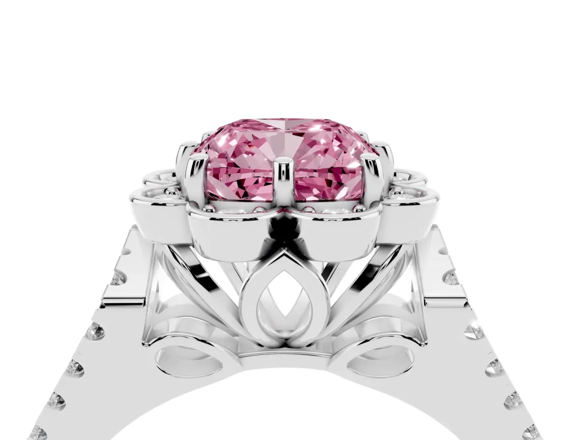 Fancy Pink Cushion Cut Halo Diamond Floral Split Shank Engagement Ring Silver