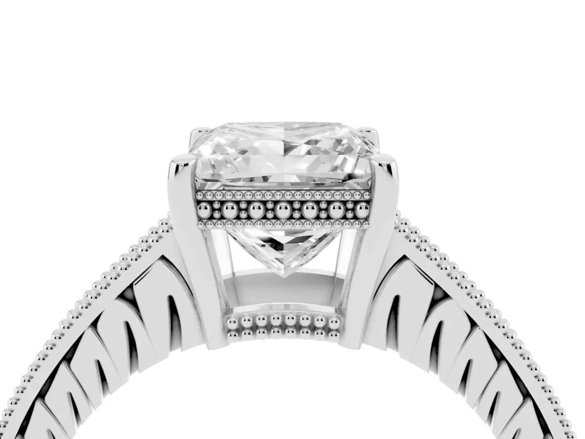 Princess Cut Solitaire Pavé Diamond Milgrain Engagement Ring with Four-Prong Setting Silver