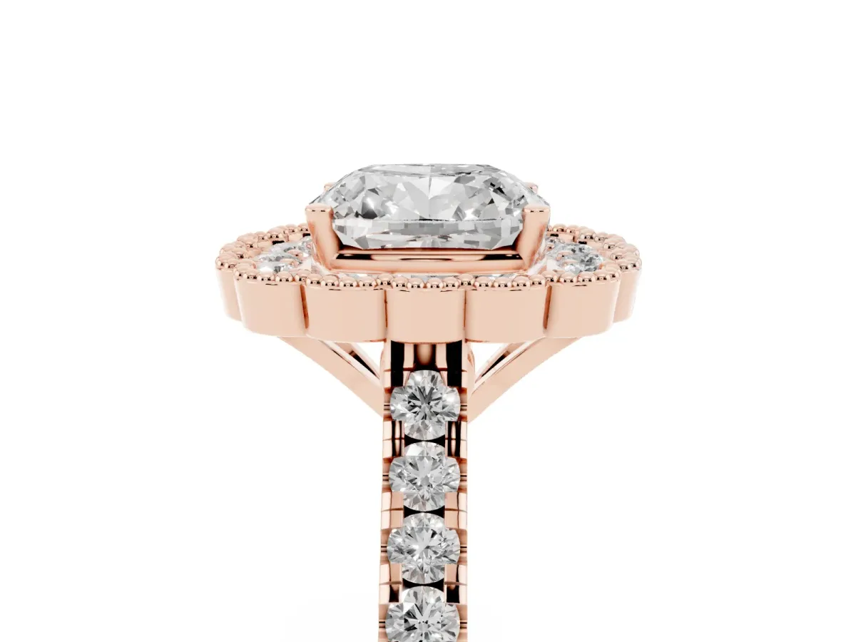 Cushion Cut Cut Diamond Milgrain Floral Halo Engagement Ring with Pavé Band Rose gold