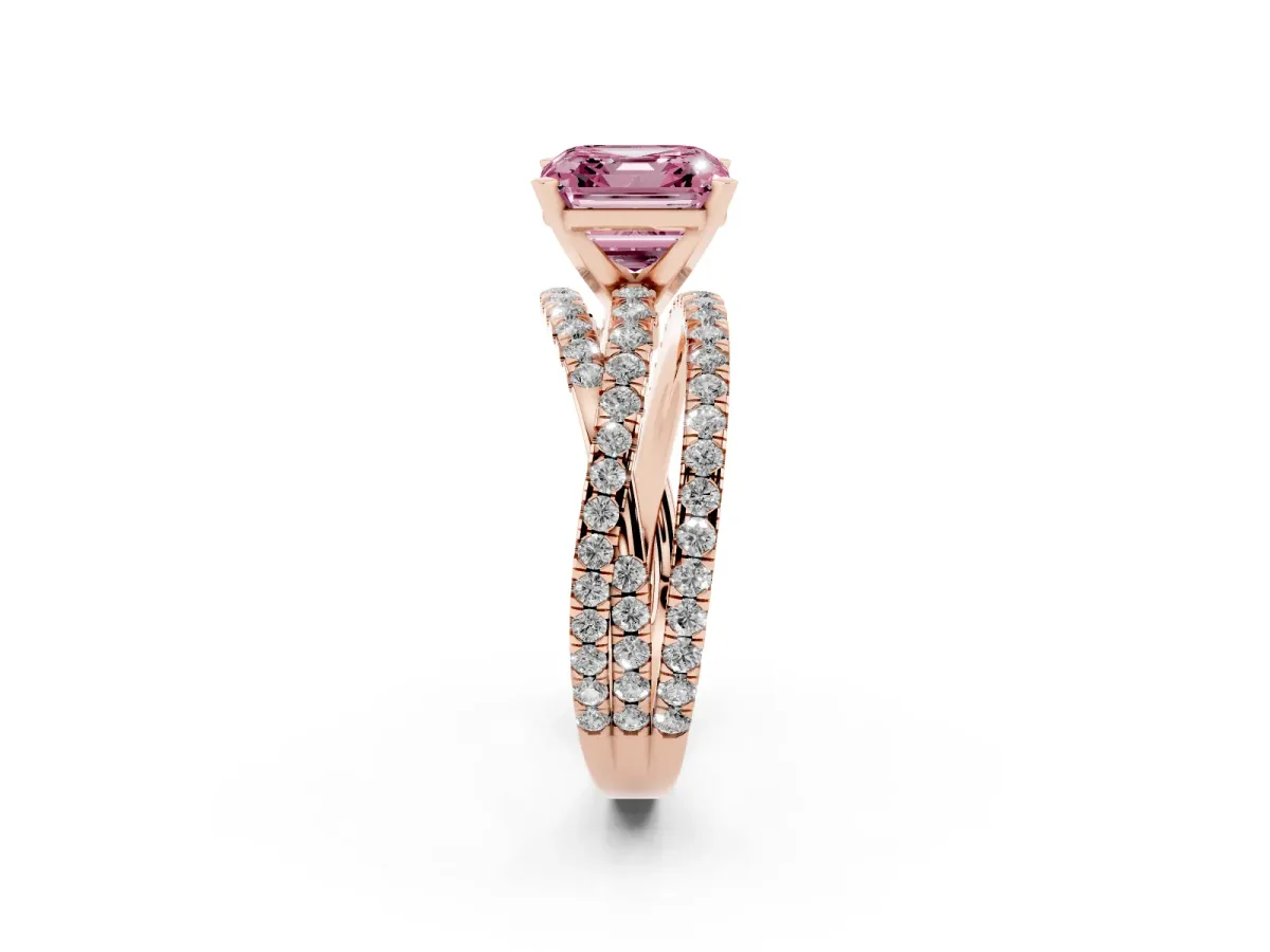 Fancy Pink Asscher Cut Solitaire Twist Band with Pavé Setting and Four-Prong Setting Rose gold