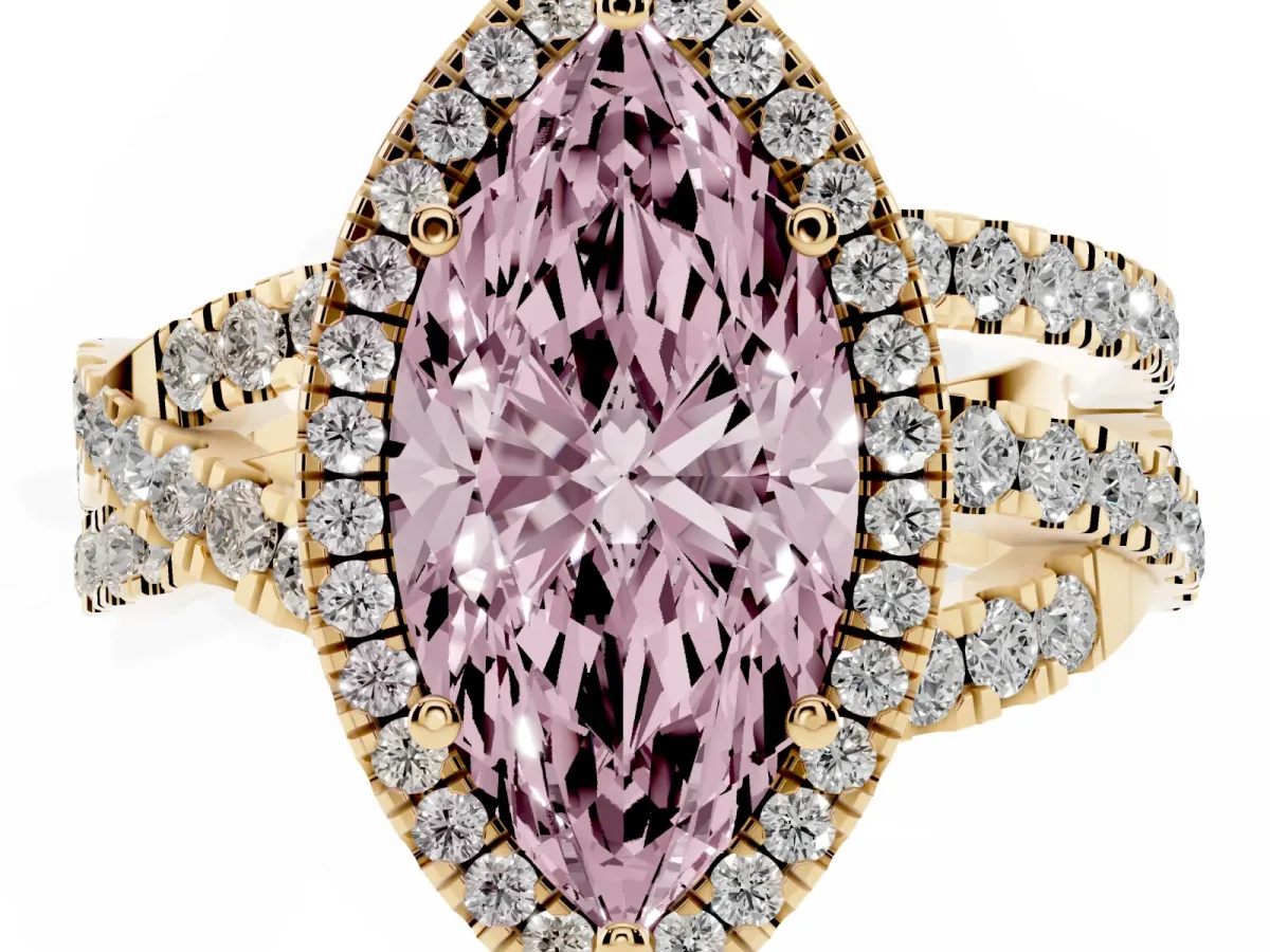 Fancy Pink Marquise Cut Diamond Halo Ring with Round Split Shank and Prong Setting Yellow gold