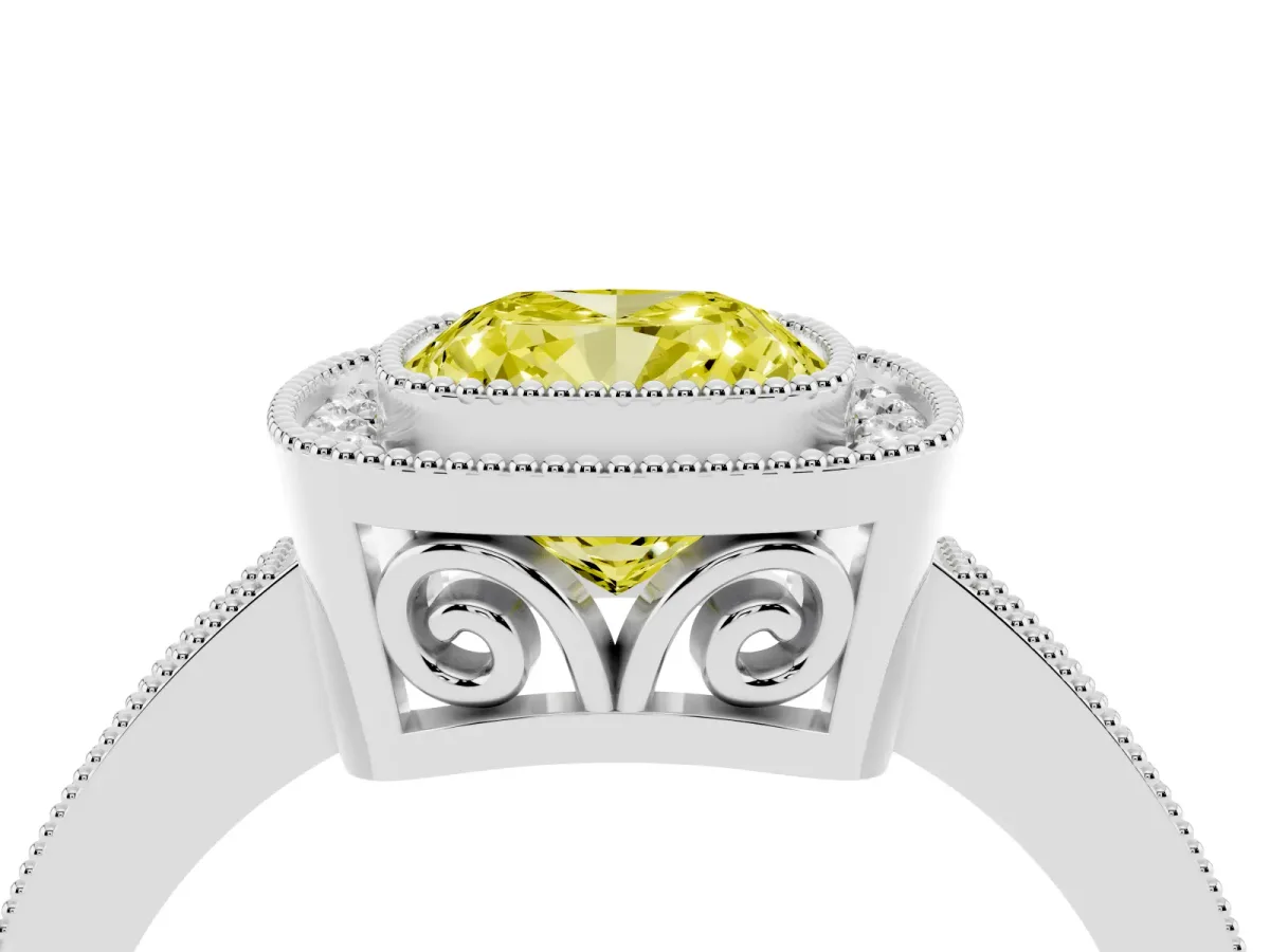 Fancy Yellow Cushion Cut Cut Halo Diamond Ring with Pavé Band and Milgrain Prong Setting Platinum