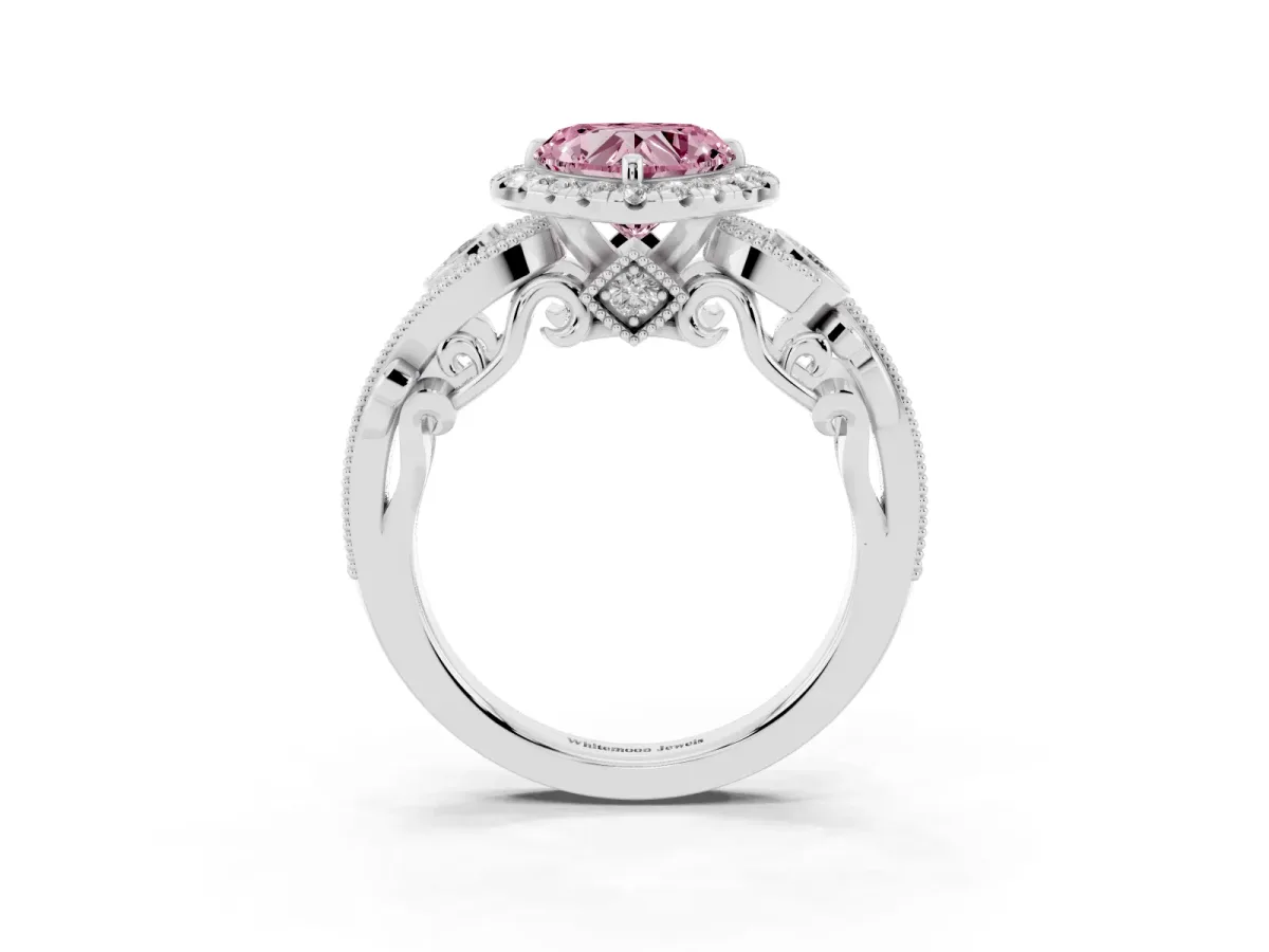 Fancy Pink Heart Cut Halo Diamond Ring with Milgrain and Bezel Accents on a Split Shank Band Platinum
