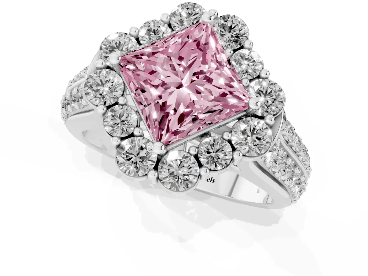 Fancy Pink Princess Cut Halo Diamond Engagement Ring with Split Shank and Prong Setting Silver